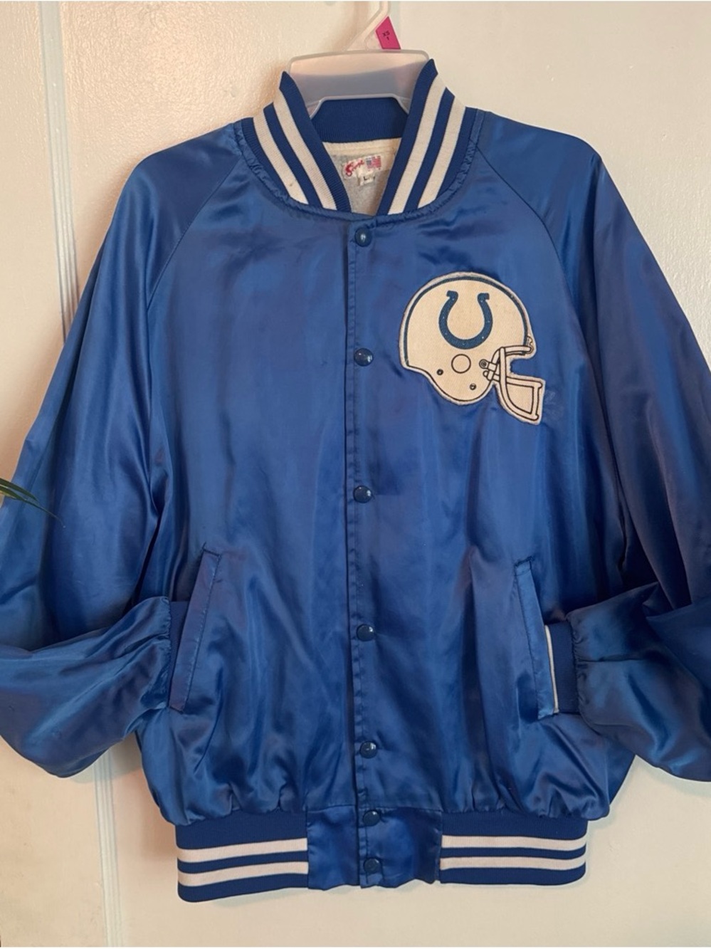 Unisex Satin Varsity Jacket in Royal Blue with Helmet Patch
